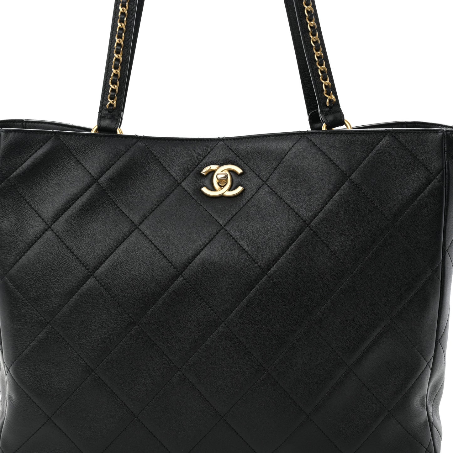 Calfskin Quilted Book Pocket Shopping Tote Black