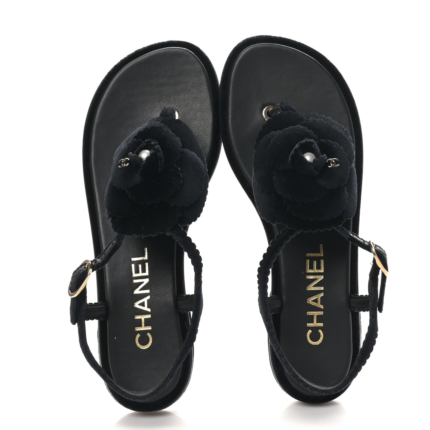 Velvet Pearl Camellia Thong Sandals 38 Black