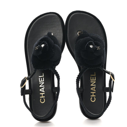 Chanel Velvet Pearl Camellia Thong Sandals 38 Black 2 of 10