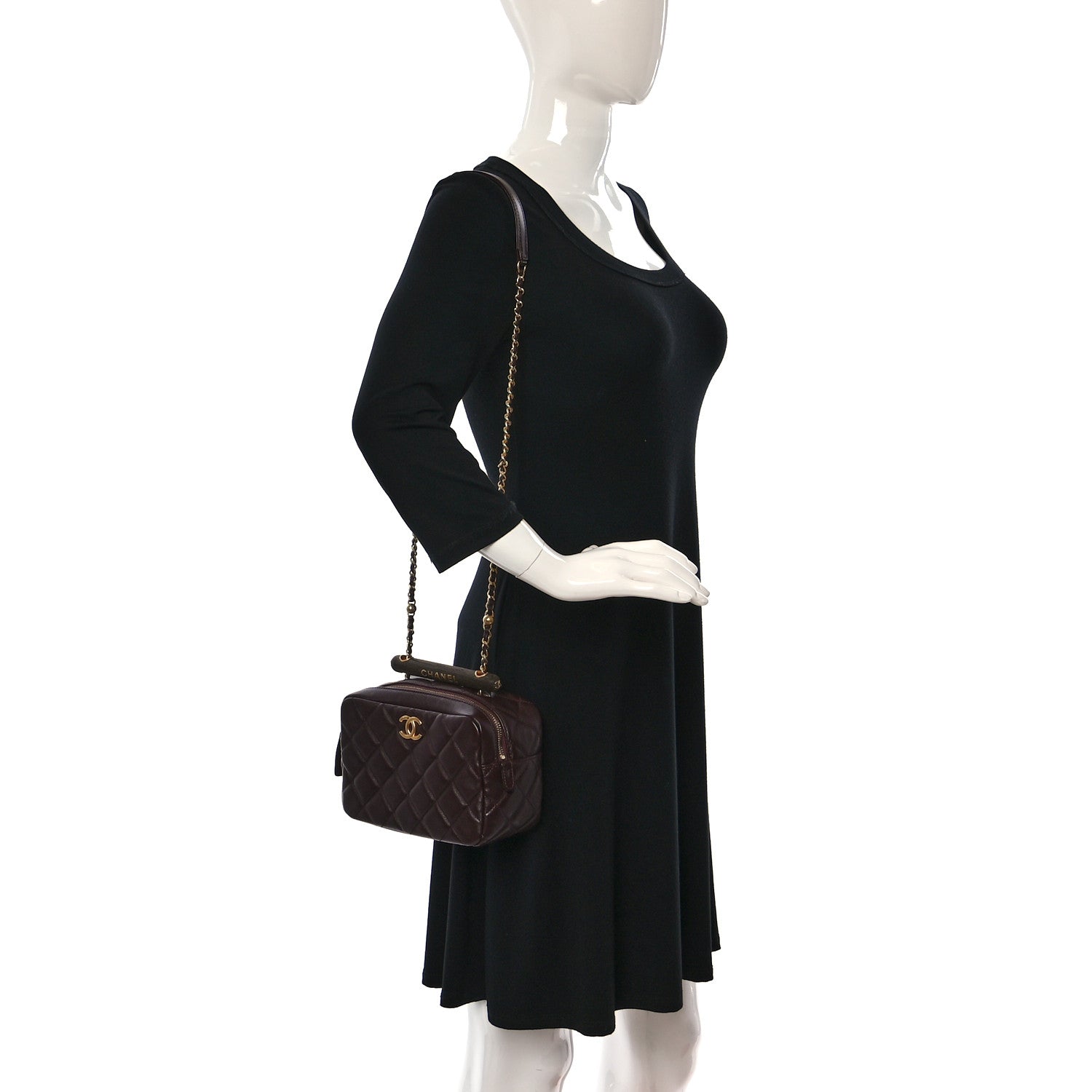 Chanel Lambskin Quilted Mini Wenge Wood Bowling Bag Burgundy