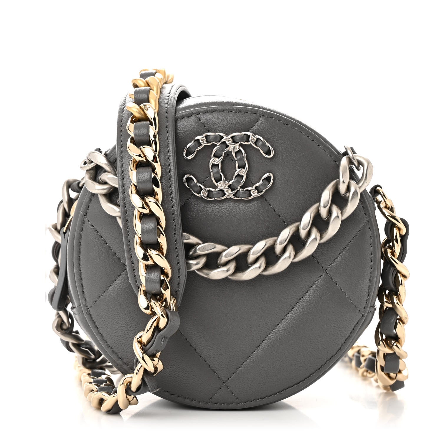 Chanel Lambskin Quilted Chanel 19 Round Clutch With Chain Grey 1 of 10