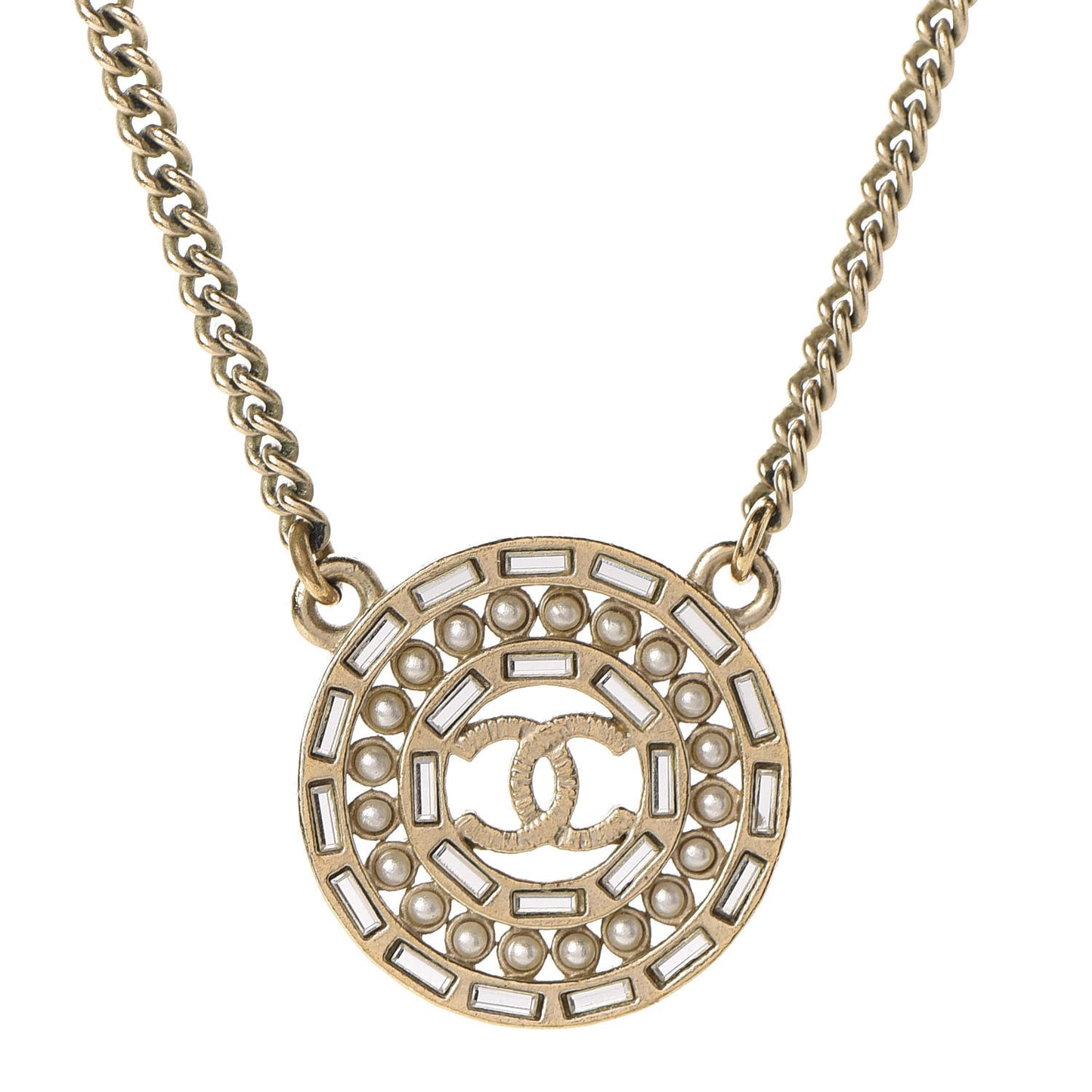 Pearl Baguette Crystal CC Medallion Necklace Gold