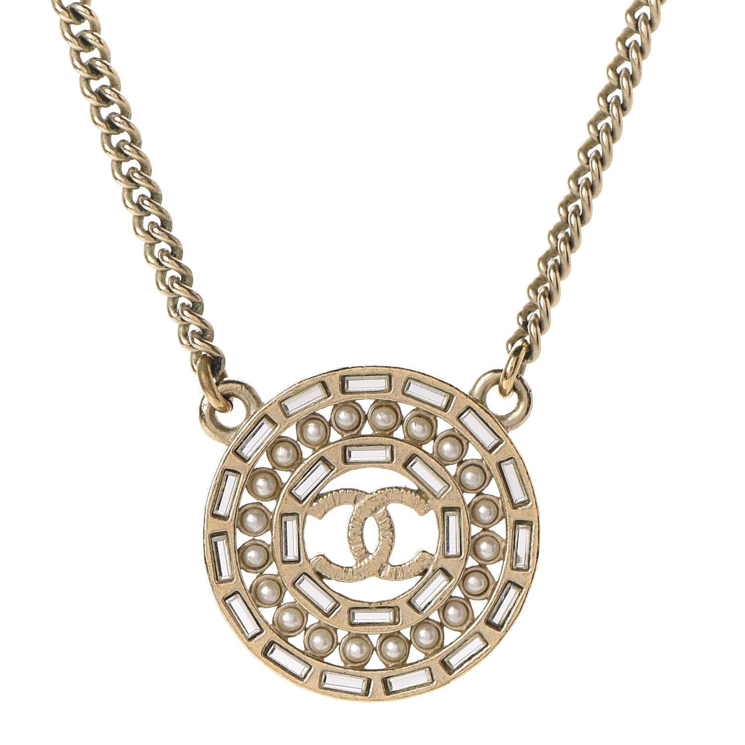 Chanel Pearl Baguette Crystal CC Medallion Necklace Gold 4 of 6