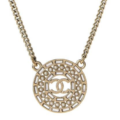Chanel Pearl Baguette Crystal CC Medallion Necklace Gold 4 of 6