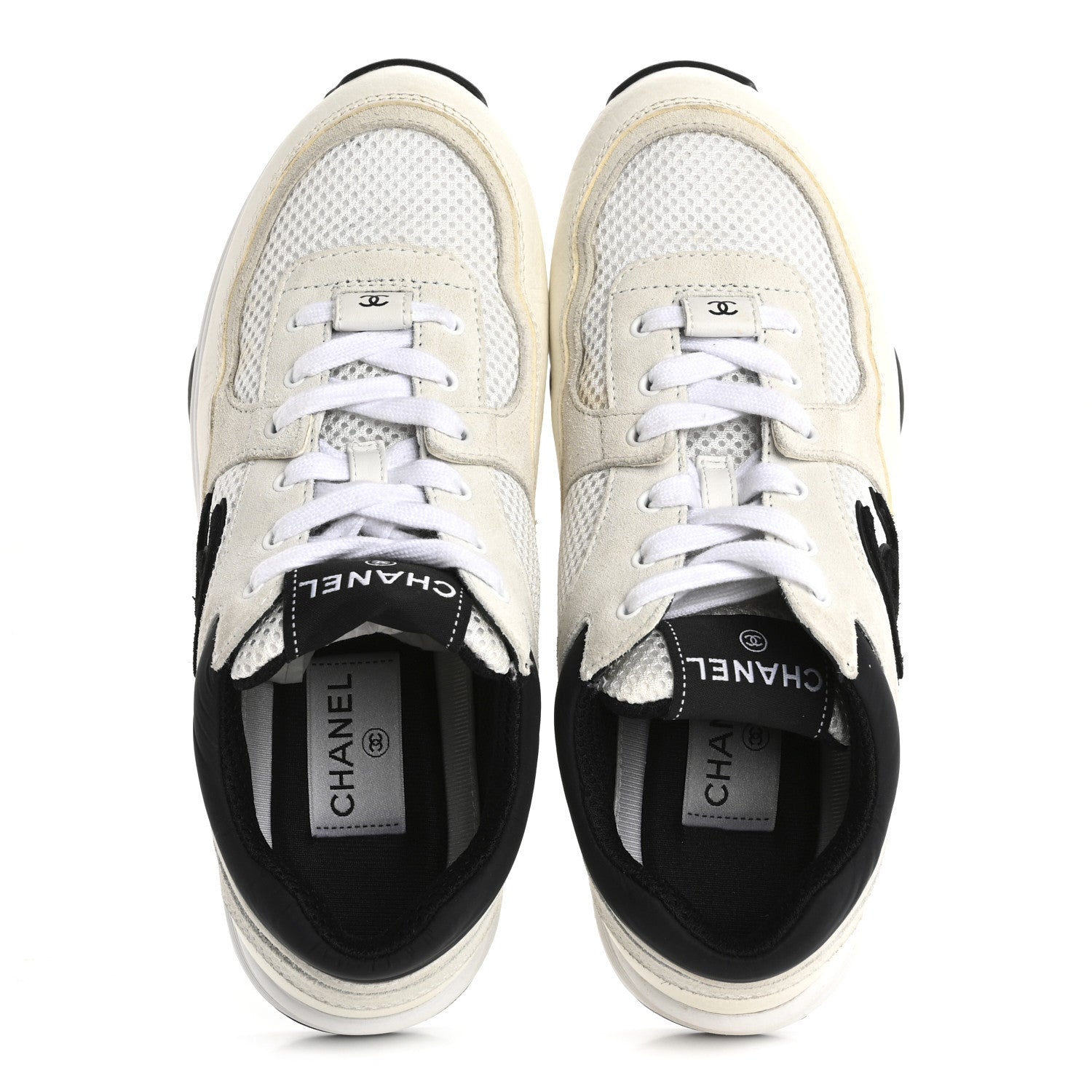 Chanel Mesh Suede Calfskin Grained Calfskin Womens CC Sneakers 38 White Black 2 of 14