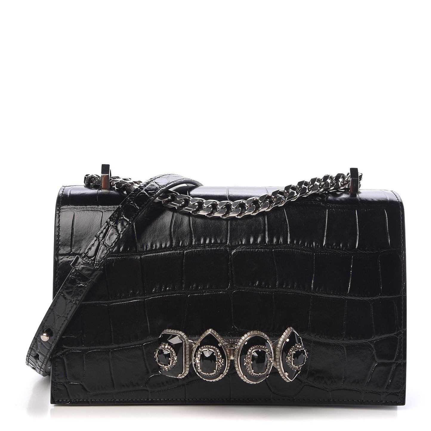 Calfskin Crocodile Embossed Knuckle Shoulder Bag Black