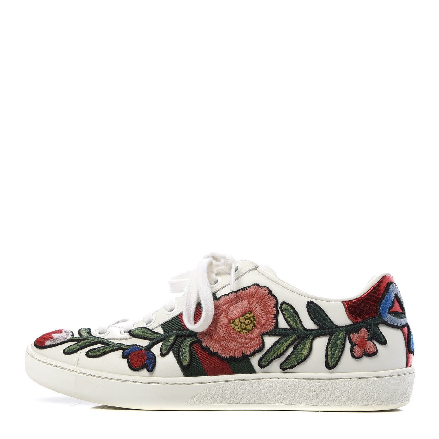 Calfskin Web Floral Embroidered Womens Ace Sneakers 35.5 White