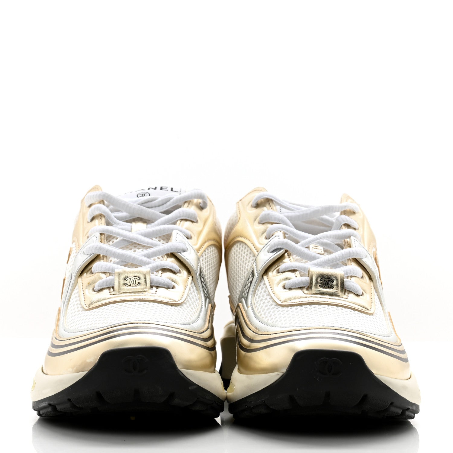 Chanel Fabric Laminated Calfskin Stretch CC Sneakers 36.5 White Gold Silver 2 of 14