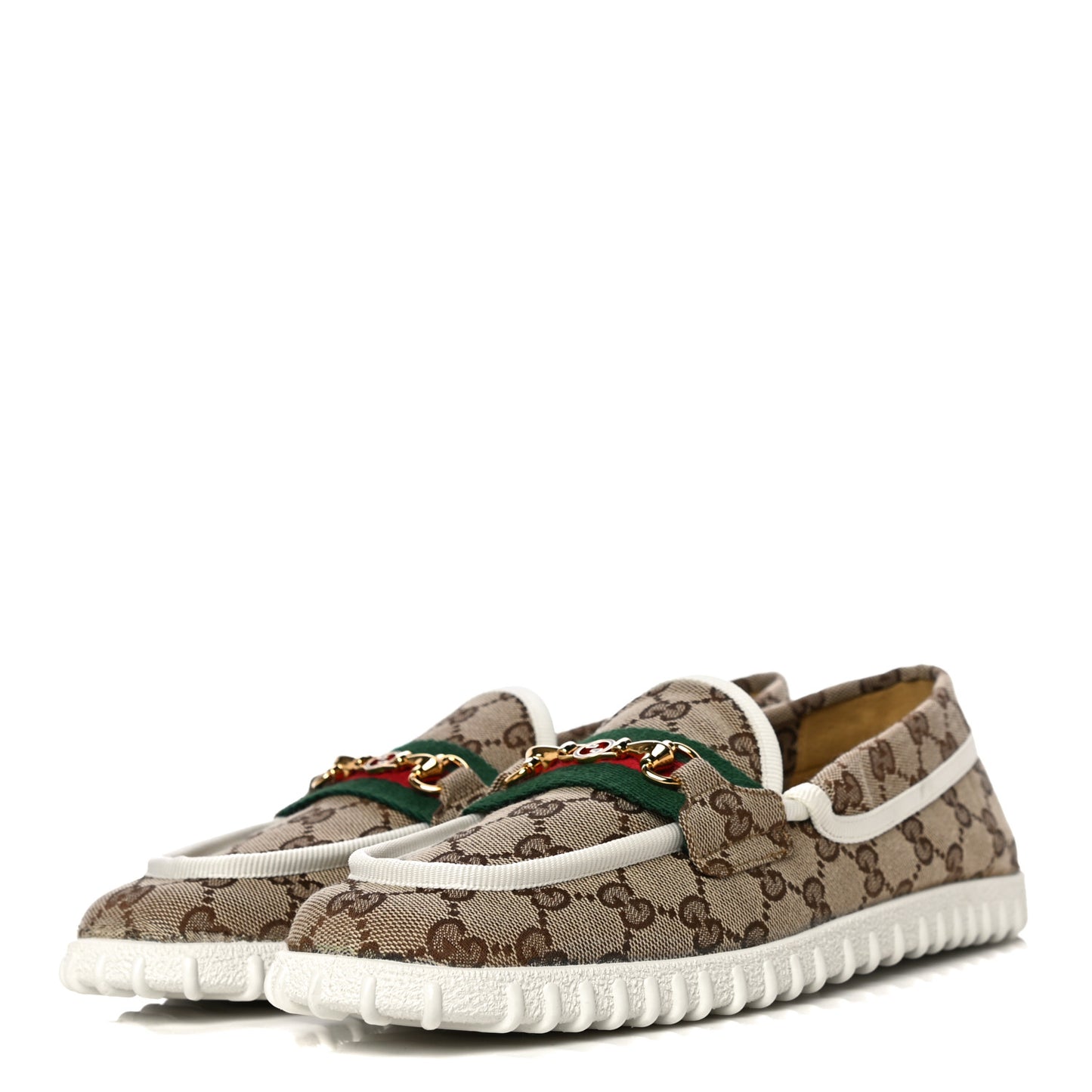 GG Monogram Horsebit Web Womens Driver Loafers 41 Beige Ebony White