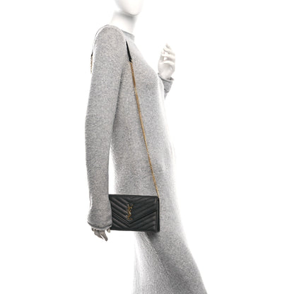 Saint Laurent Grain De Poudre Matelasse Chevron Monogram Envelope Chain Wallet Black 2 of 10