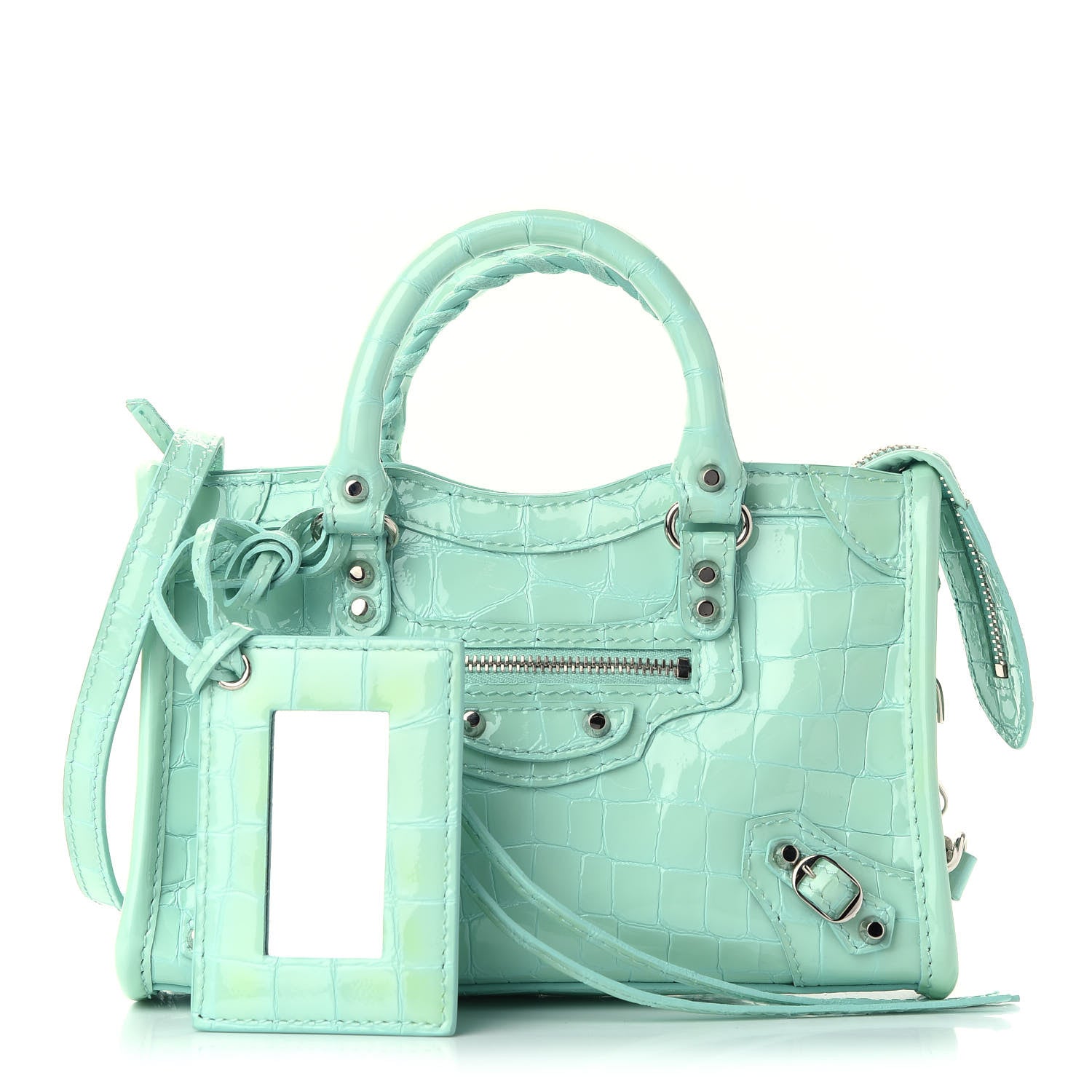 Balenciaga Patent Crocodile Embossed Classic Silver Hardware Nano City Light Green 1 of 9