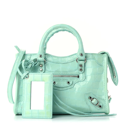 Balenciaga Patent Crocodile Embossed Classic Silver Hardware Nano City Light Green 1 of 9