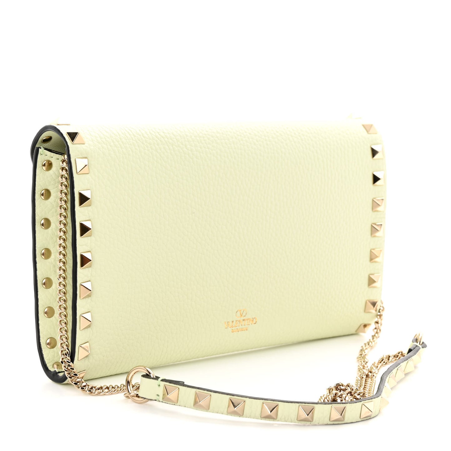 Grainy Calfskin Rockstud Flip Lock Wallet With Chain Meadow Mist