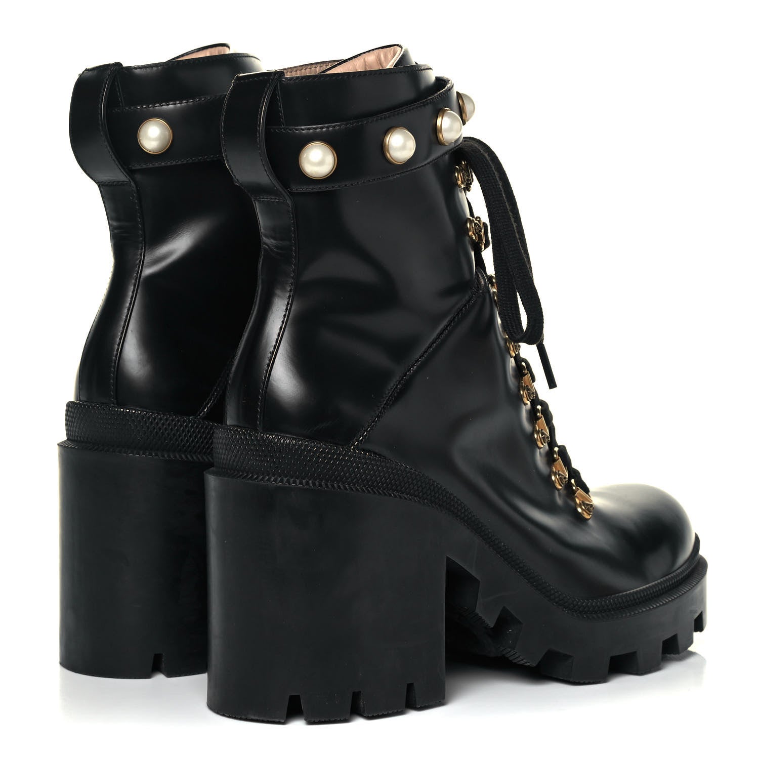 Gucci Magnum Calfskin Pearl Lace Up Combat Ankle Boots 39.5 Black 4 of 8