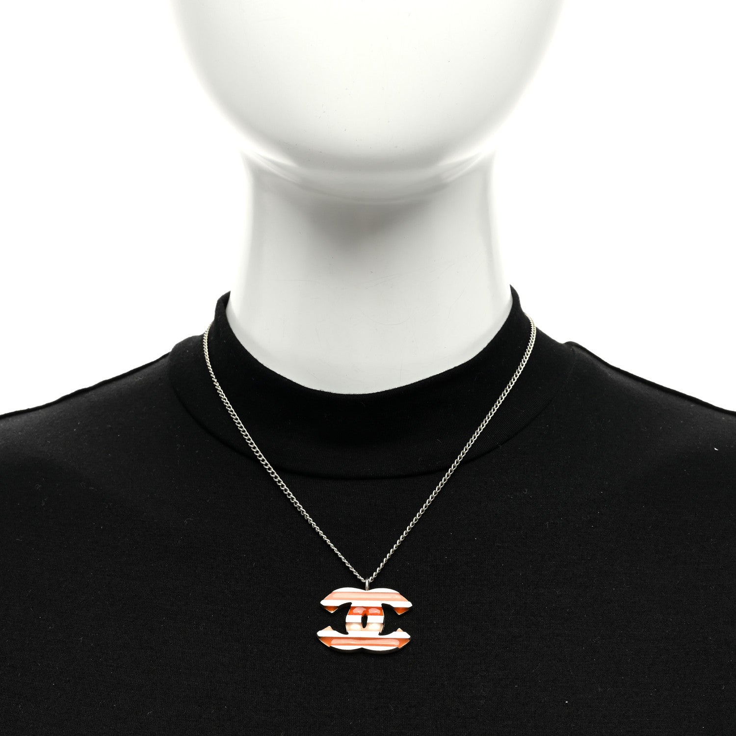 Chanel Metal Enamel Striped CC Necklace Pink Silver 2 of 6