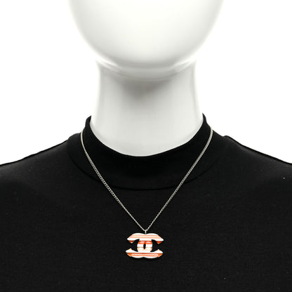 Chanel Metal Enamel Striped CC Necklace Pink Silver 2 of 6