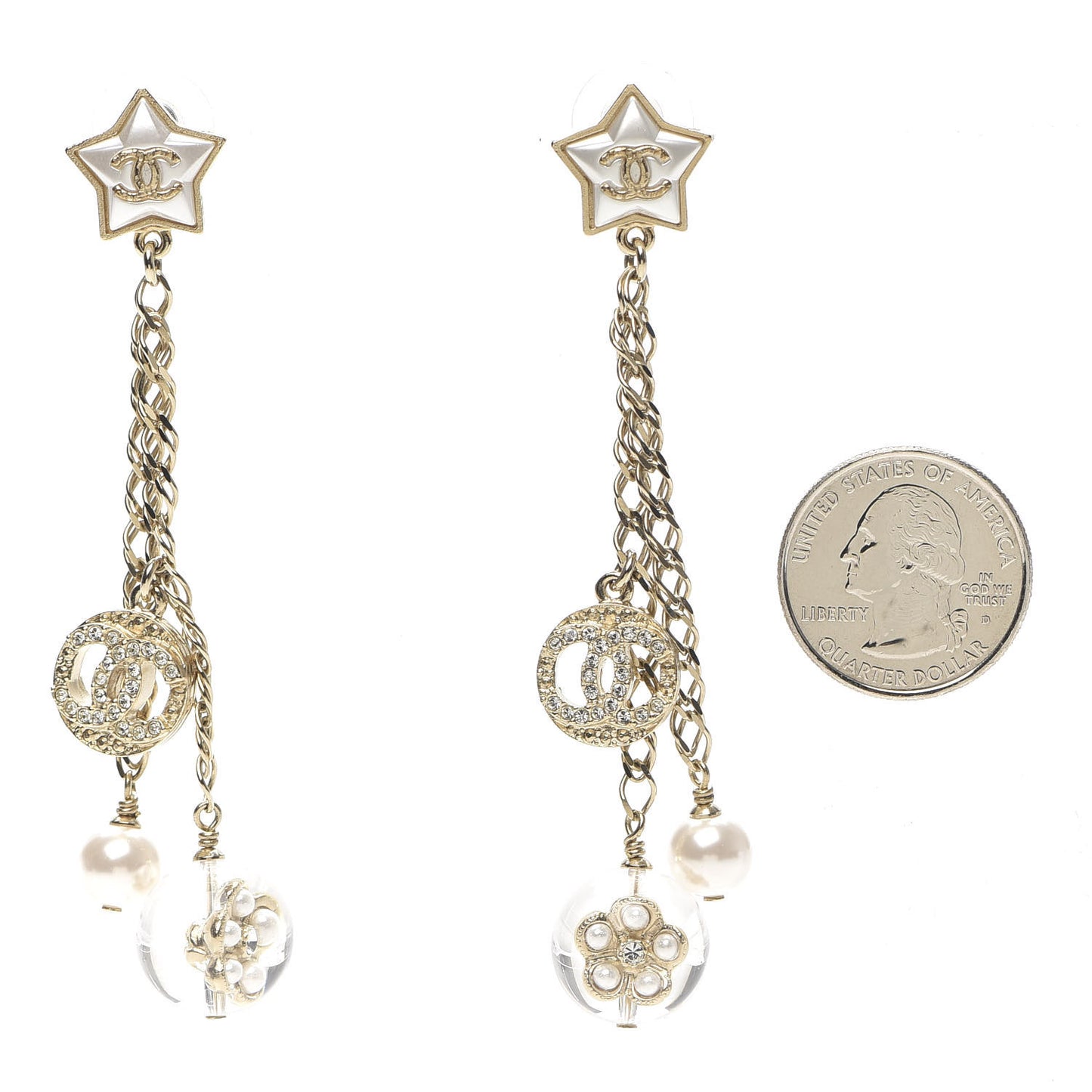Crystal Pearl Resin CC Star Dangle Earrings Gold