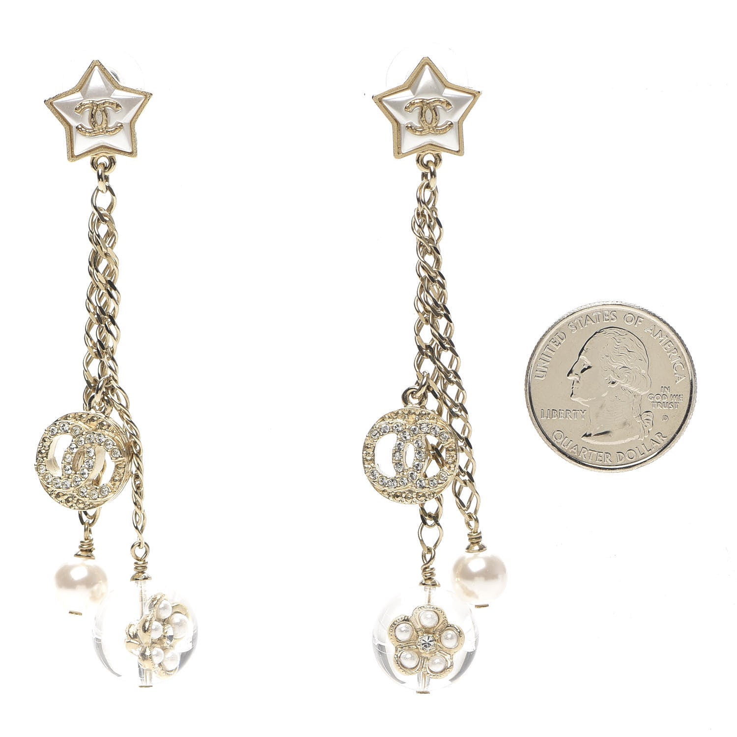 Chanel Crystal Pearl Resin CC Star Dangle Earrings Gold 2 of 5