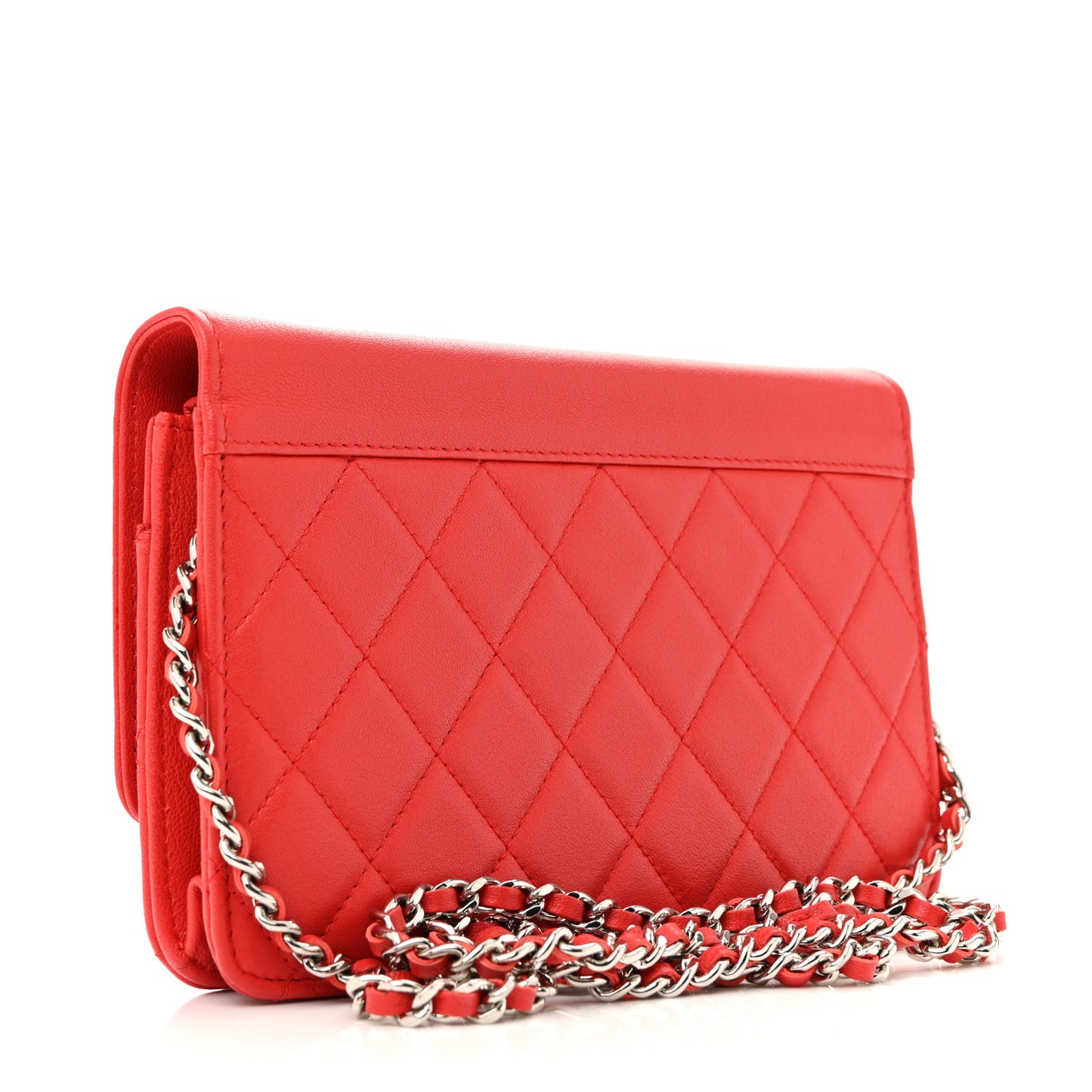 Grained Calfskin Quilted CC Box Wallet On Chain WOC Red