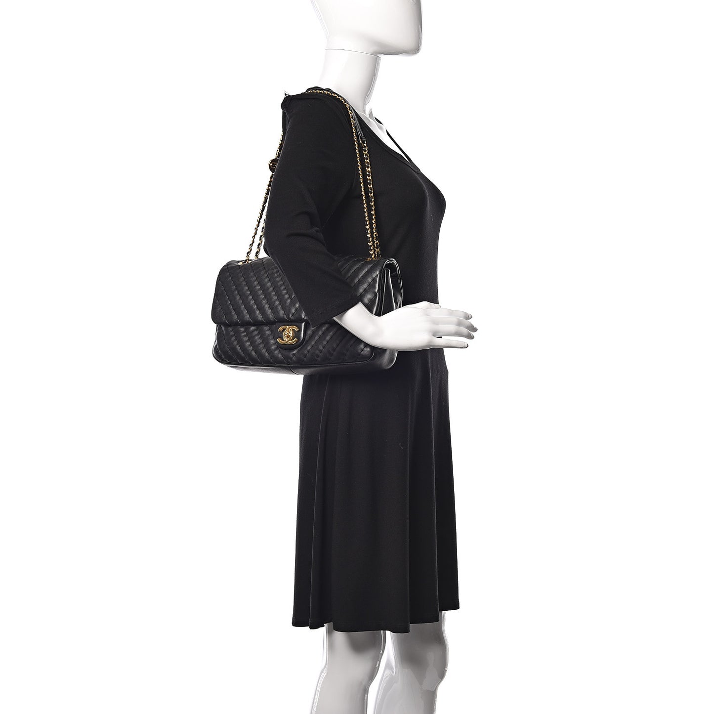 Calfskin Surpique Chevron Large Flap Black