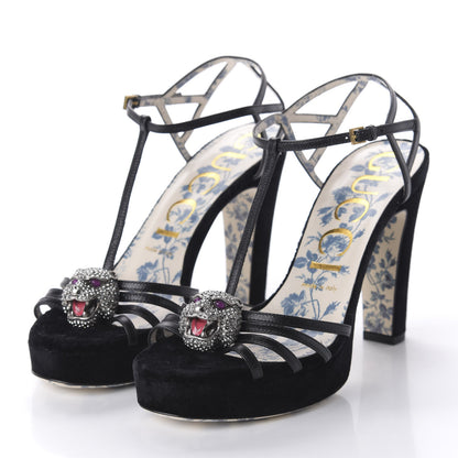 Gucci Velvet Malaga Kid Elias T-Strap Platform High Heel Sandals 38 Black 3 of 8
