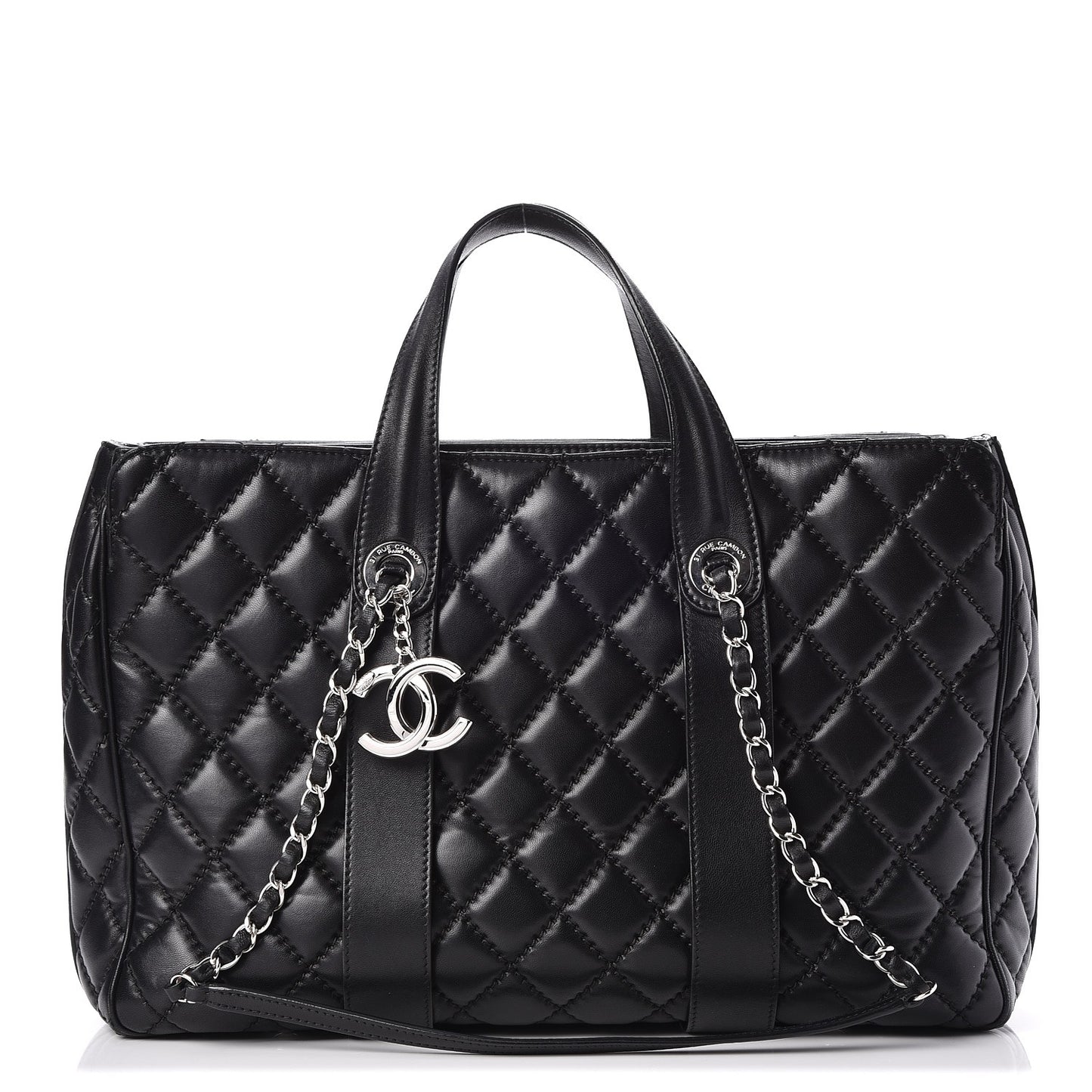 Lambskin Quilted Large Easy Carry Shopping Tote Black