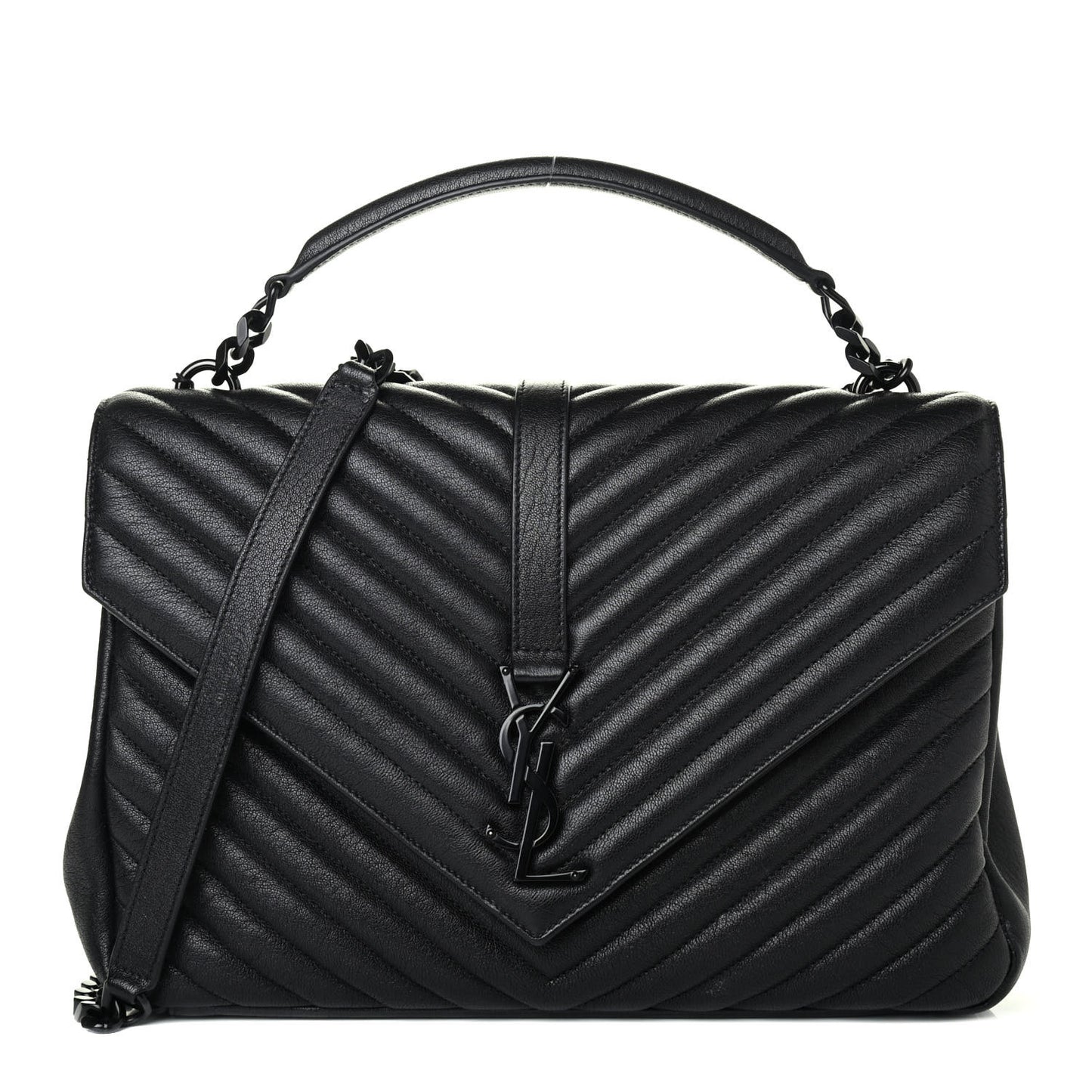 Sheepskin Matelasse Chevron Monogram Monochrome Large College Satchel Black