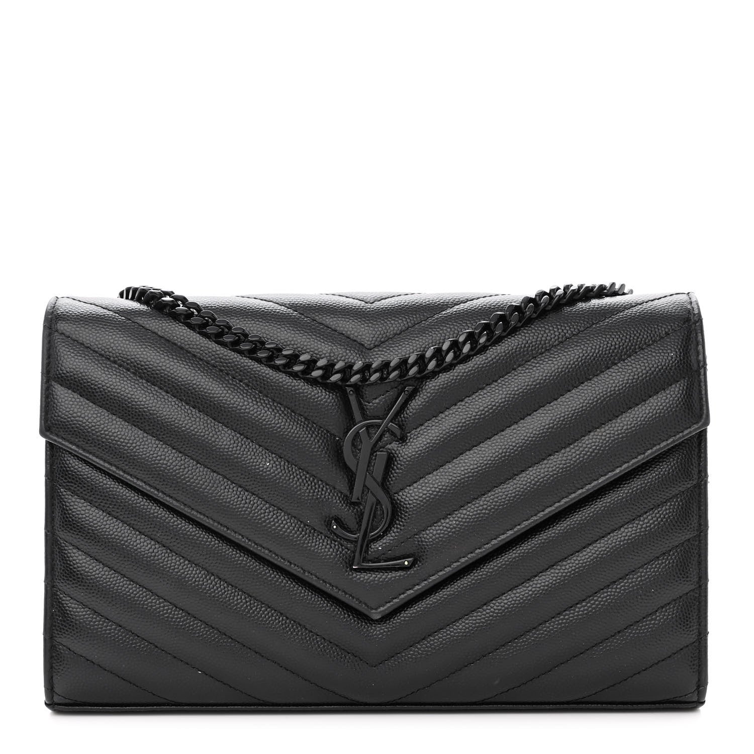 Saint Laurent Grain De Poudre Matelasse Chevron Monogram Monochrome Chain Wallet Black 1 of 13