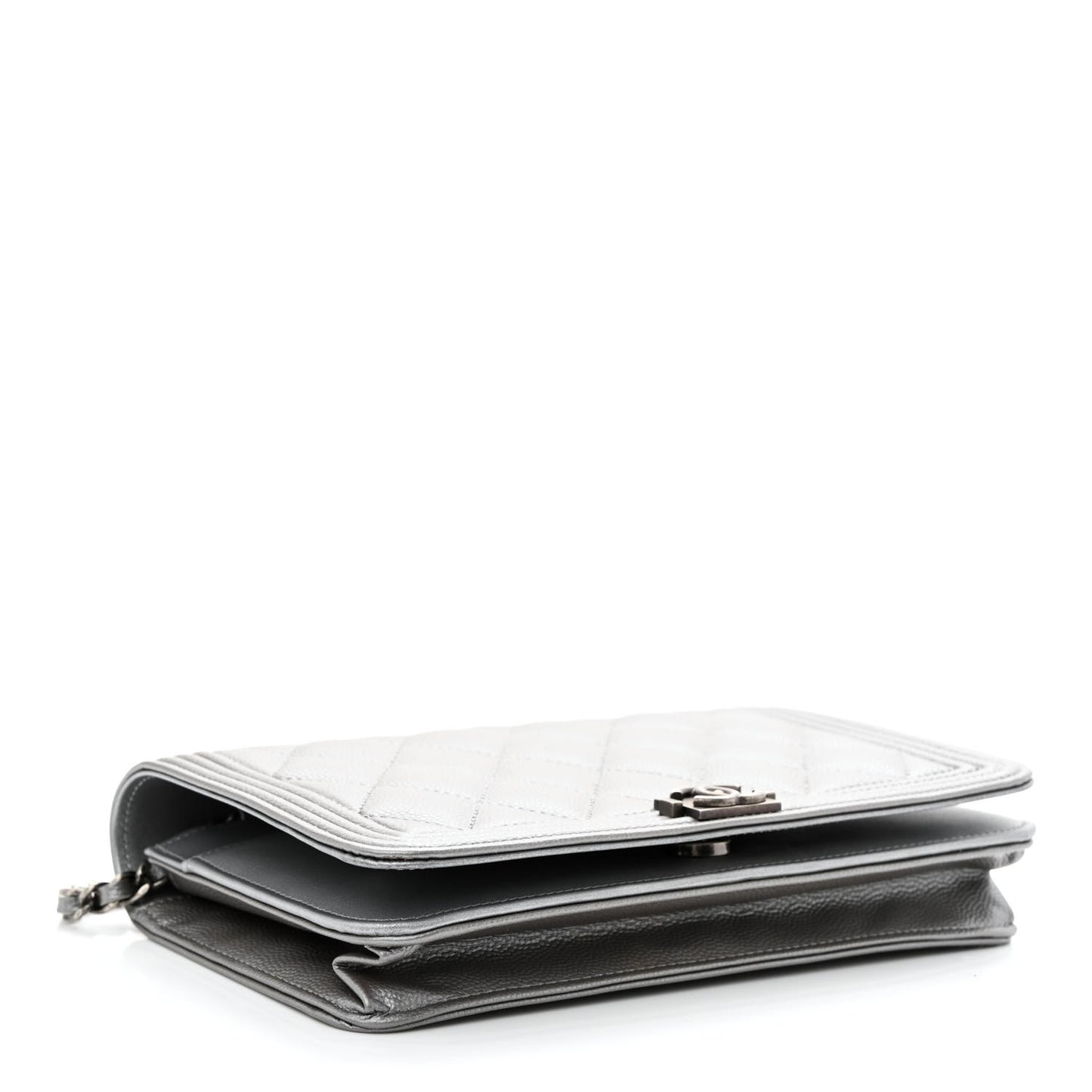 Metallic Caviar Quilted Boy Wallet On Chain WOC Silver