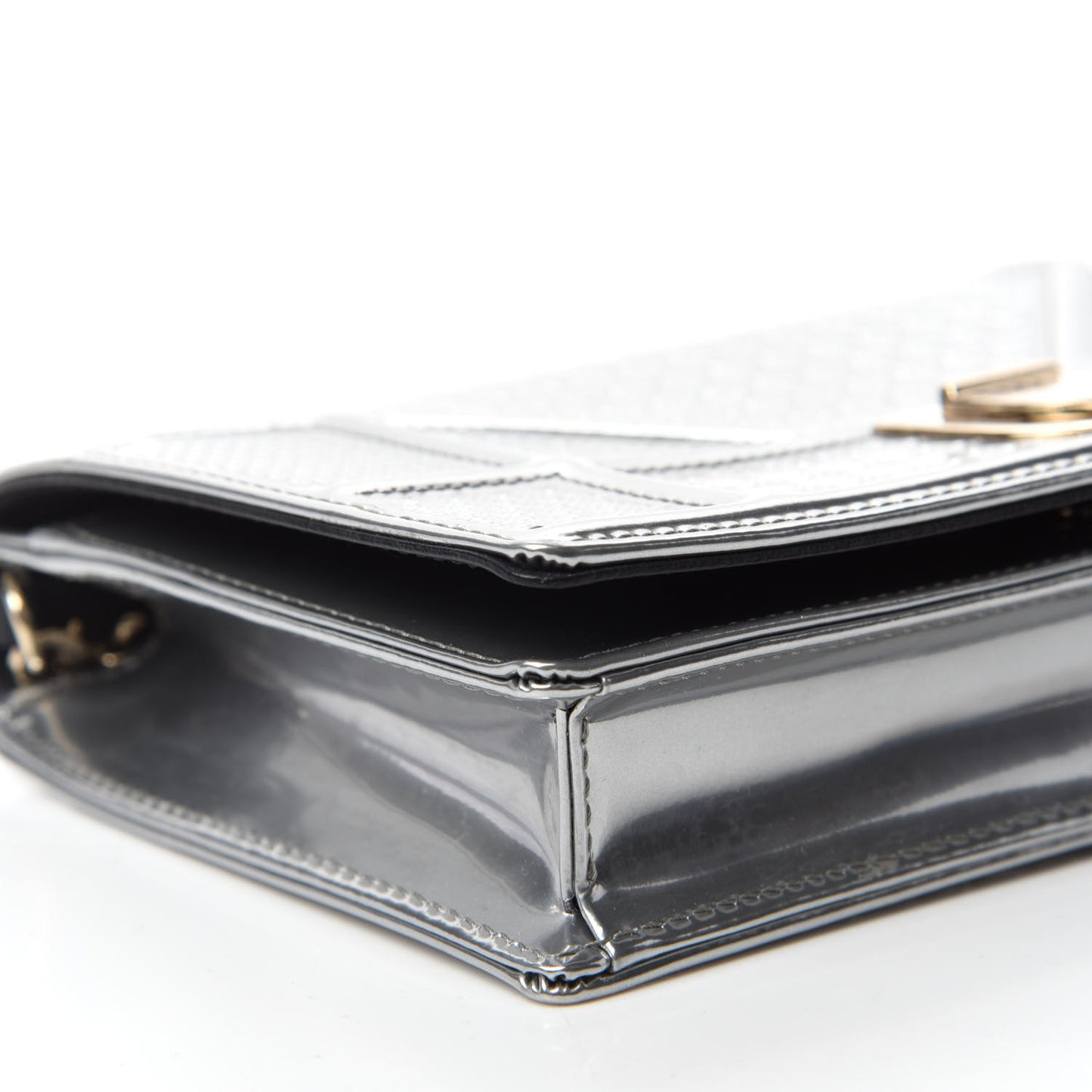 Metallic Patent Micro-Cannage Diorama Wallet on Chain Pouch Silver