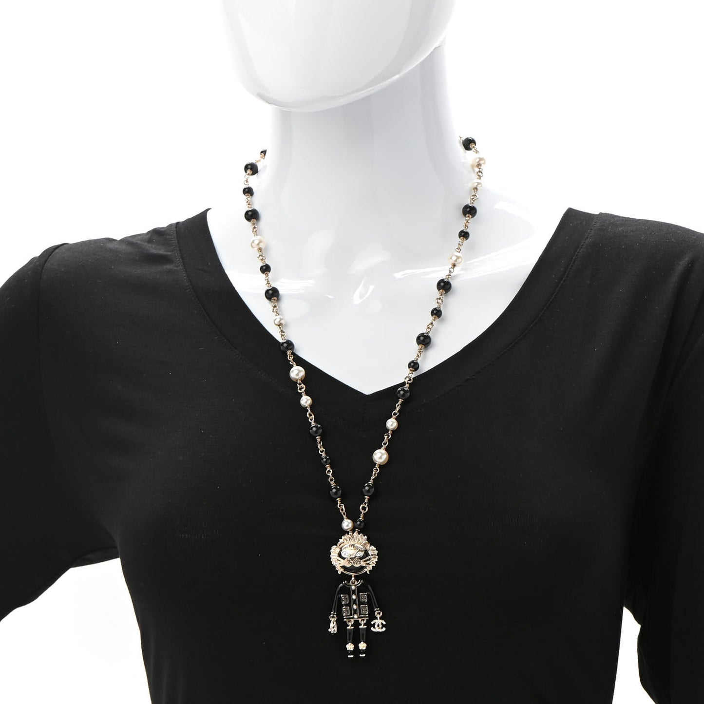 Gripoix Poured Glass Crystal Bead Pearl CC Lion Pendant Necklace Black Gold