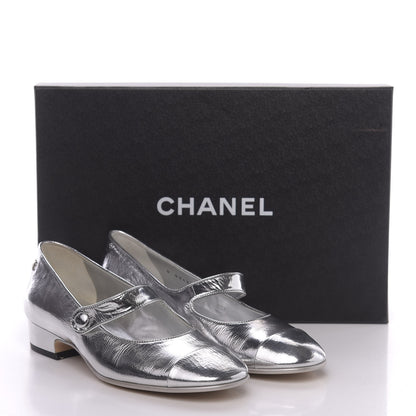 Chanel Laminated Goatskin Cap Toe Ballerina Flats 35.5 Silver 10 of 10