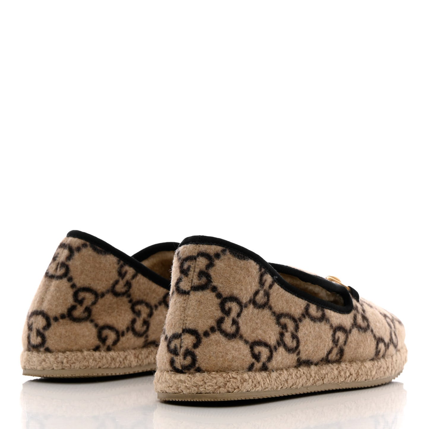 Covered Wool GG Monogram Womens Fria Horsebit Loafers 39 Beige Ebony Black Butterscotch