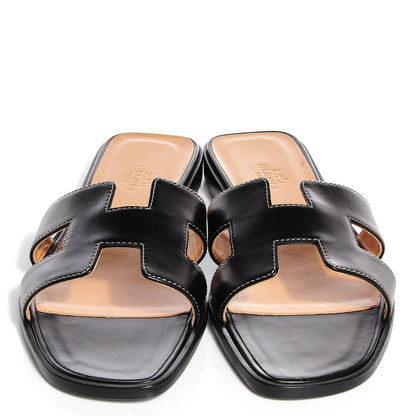 Hermes Box Calfskin Oran Sandals 38 Black 2 of 7