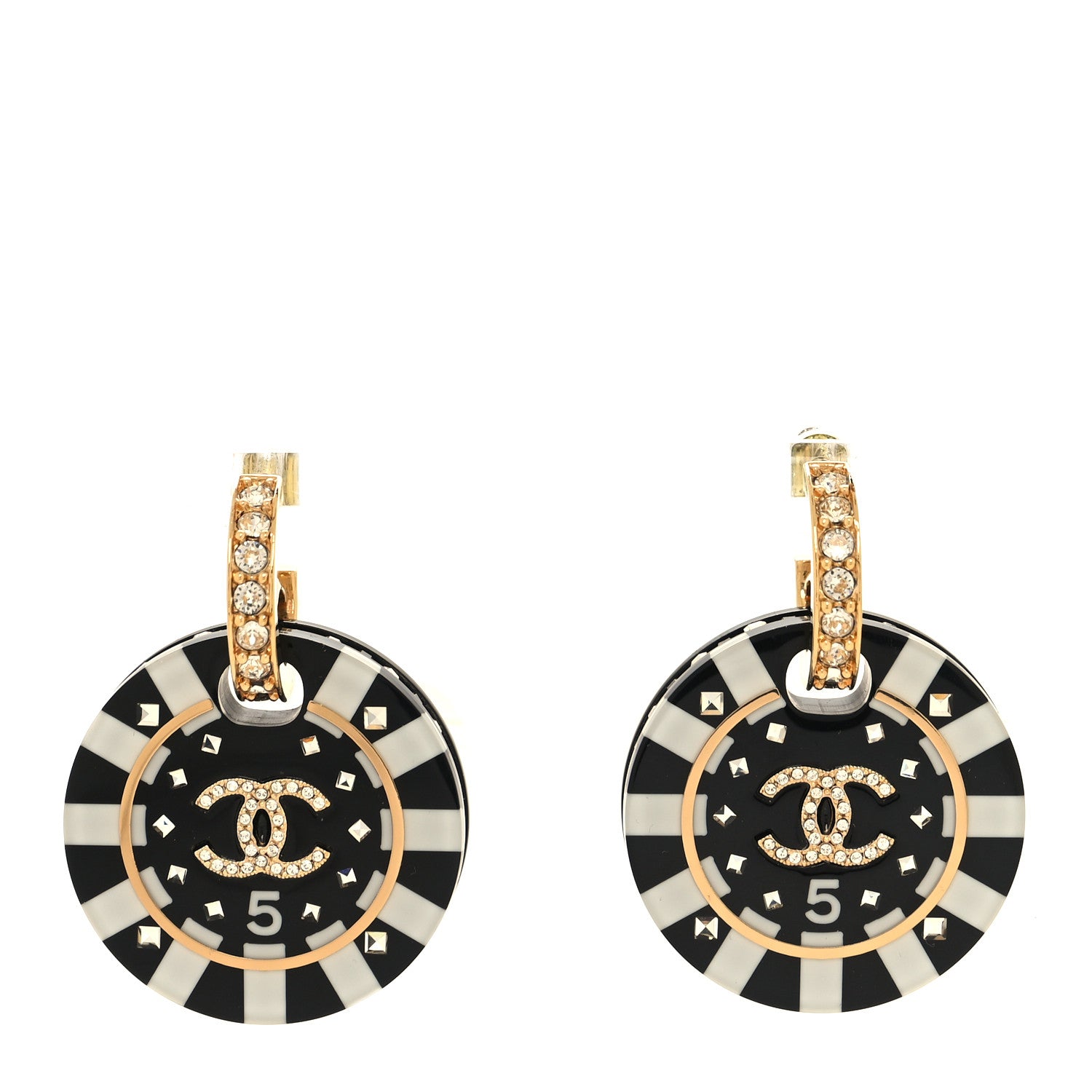 Chanel Resin Crystal CC Hoop Earrings Black White 1 of 4