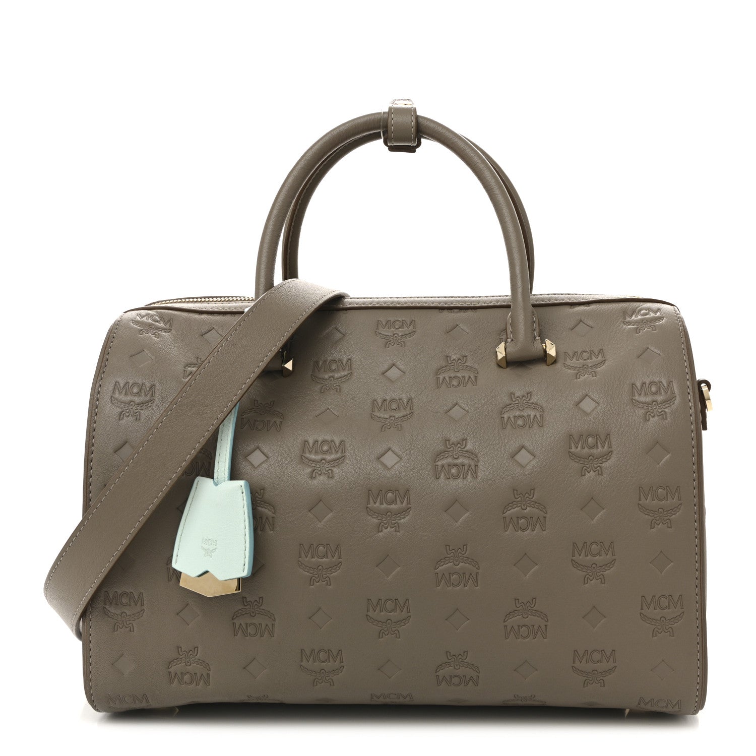 MCM Calfskin Ottomar Monogram Essential Boston Bag Dove Grey 1 of 12