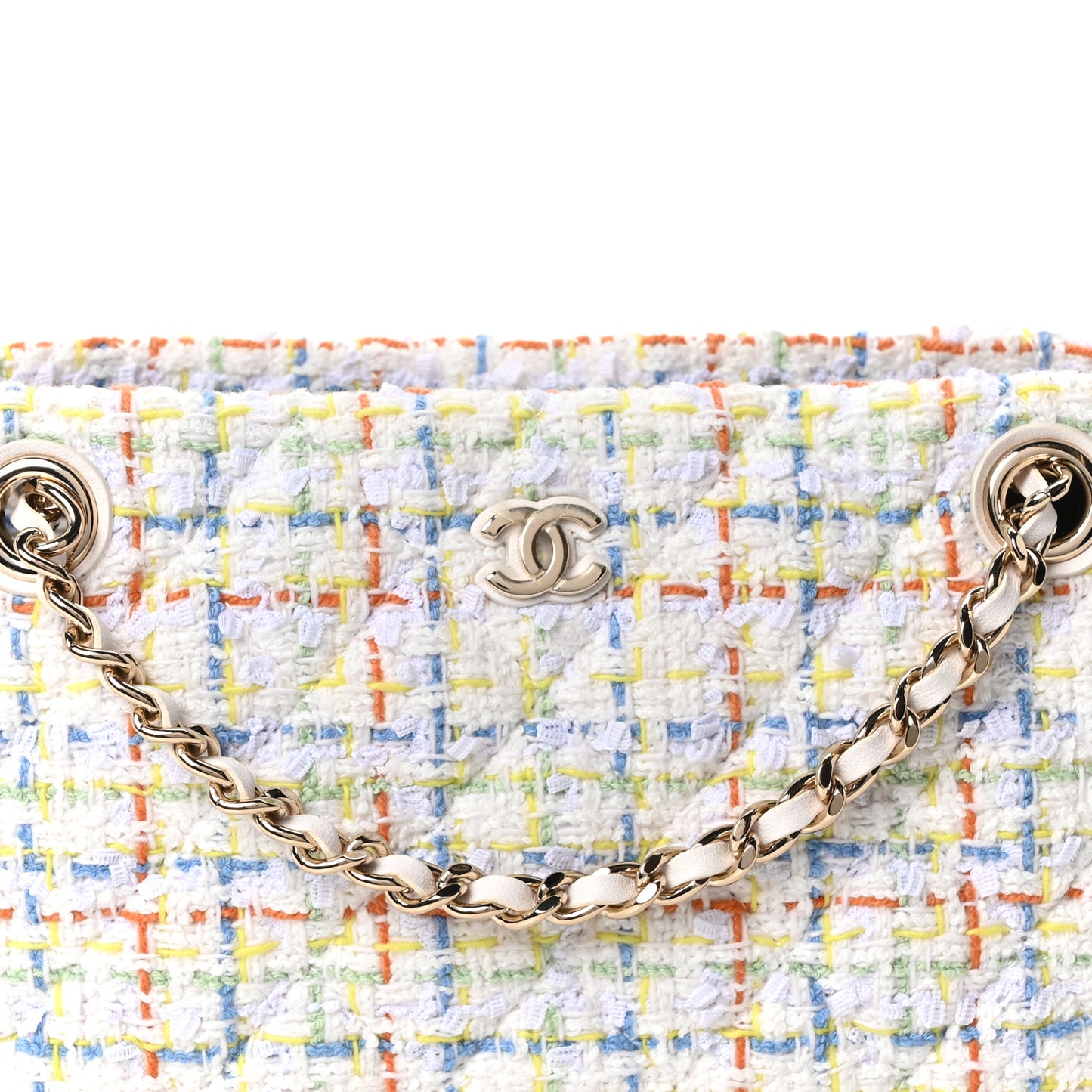 Tweed Quilted Classic Clutch Tote With Chain White Multicolor