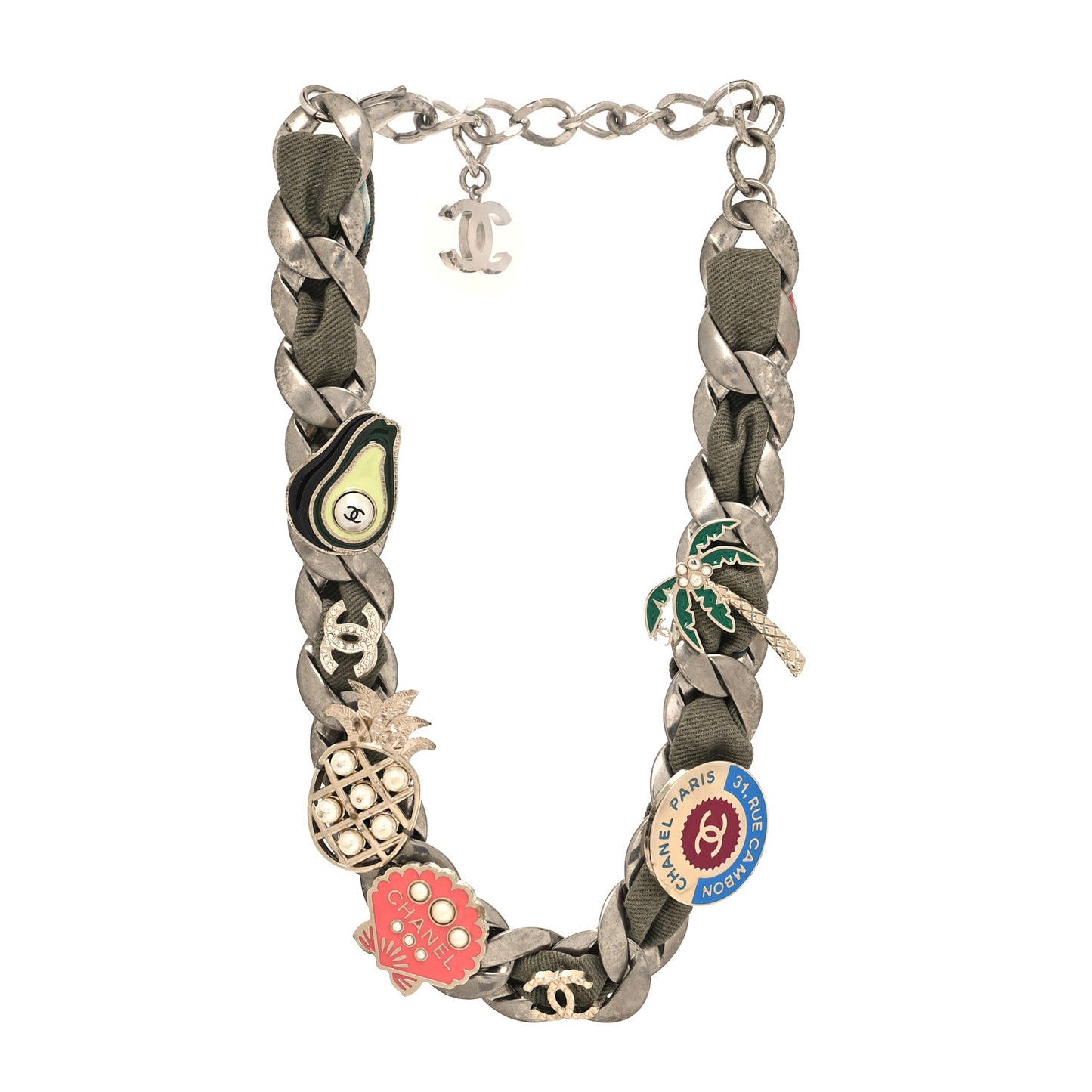 Metal Fabric Strass Pearl Cuba CC Chain Link Choker Necklace Green Pink Silver Gold