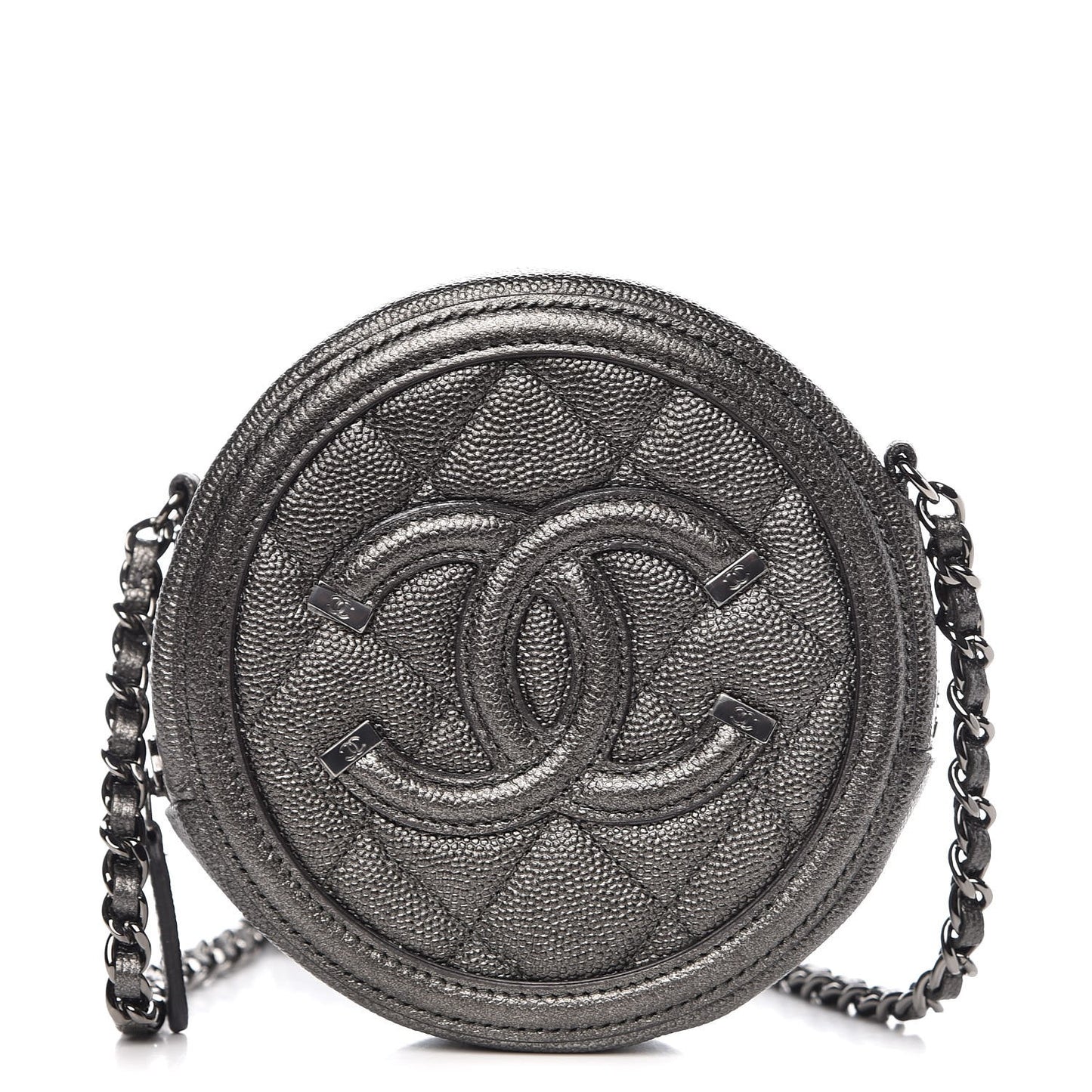 Metallic Caviar Quilted Round Filigree Crossbody Dark Silver