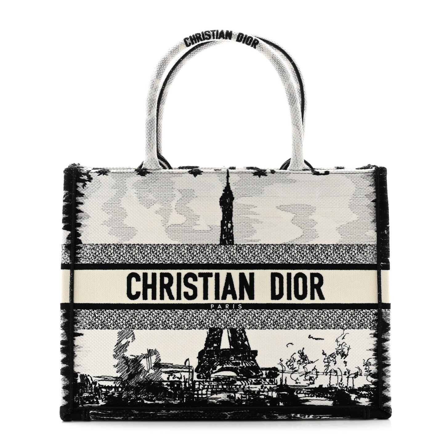 Canvas Embroidered Medium Paris Book Tote White Black