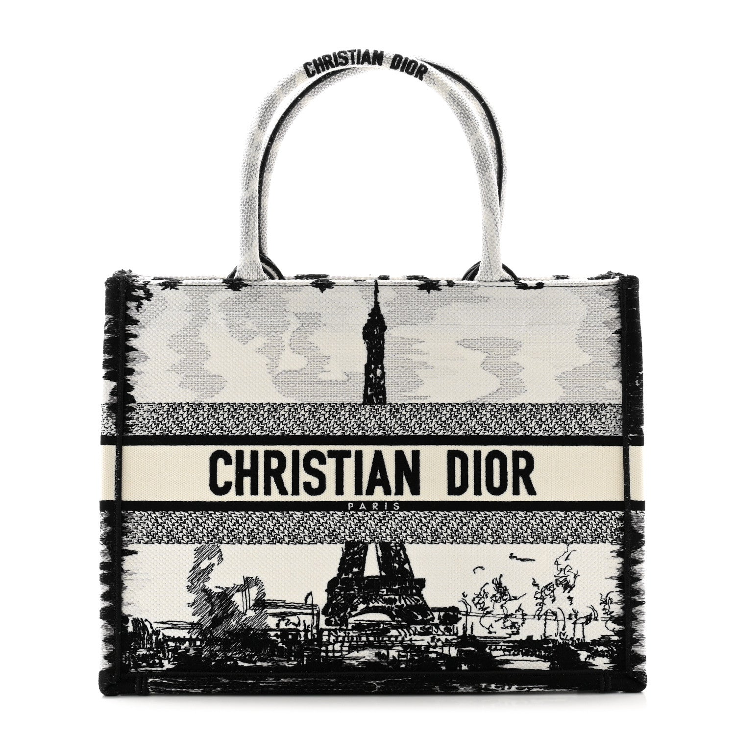 Christian Dior Canvas Embroidered Medium Paris Book Tote White Black 1 of 10