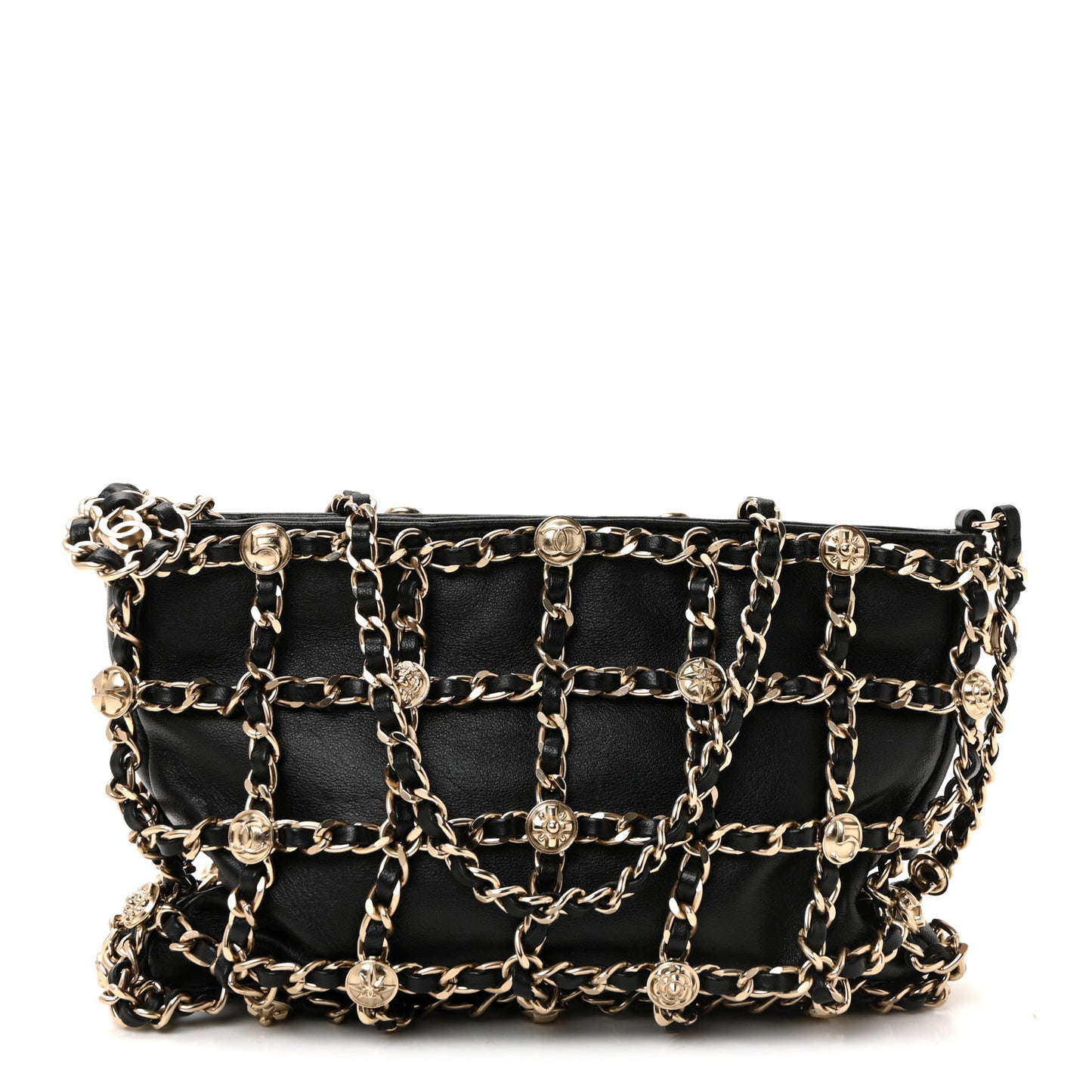 Lambskin Chain Frame Medallion Shoulder Bag Black