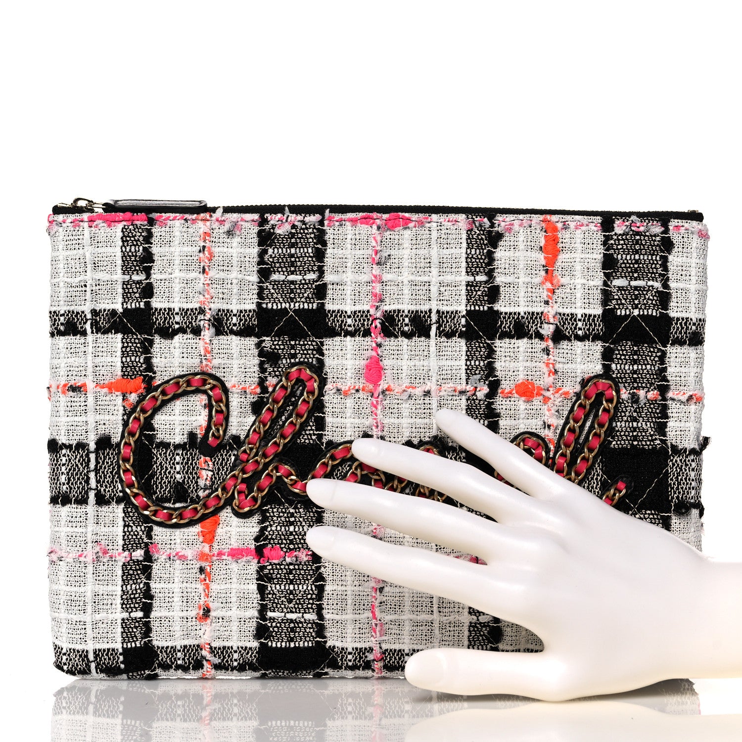 Chanel Tweed Calfskin Signe Pouch Black Pink Orange 2 of 10