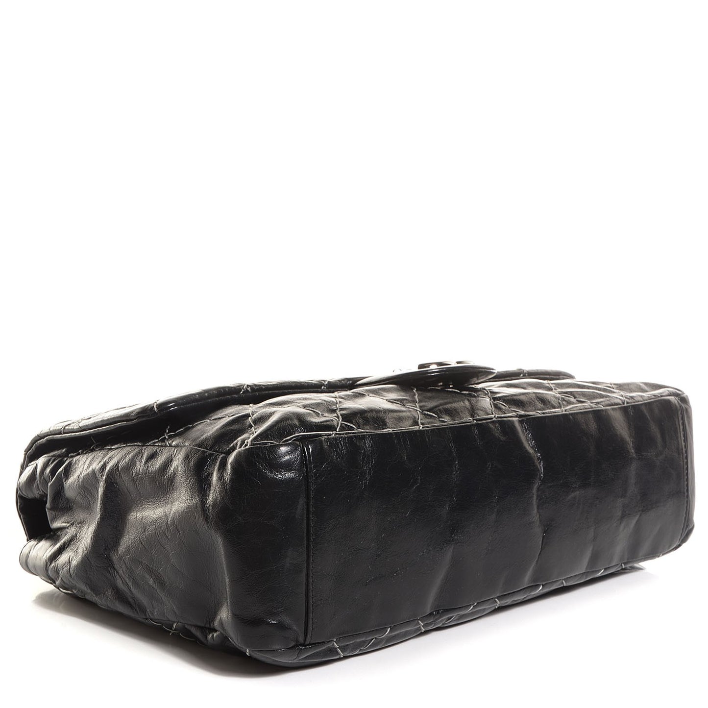 Glazed Goatskin Double Stitch Maxi Flap Black