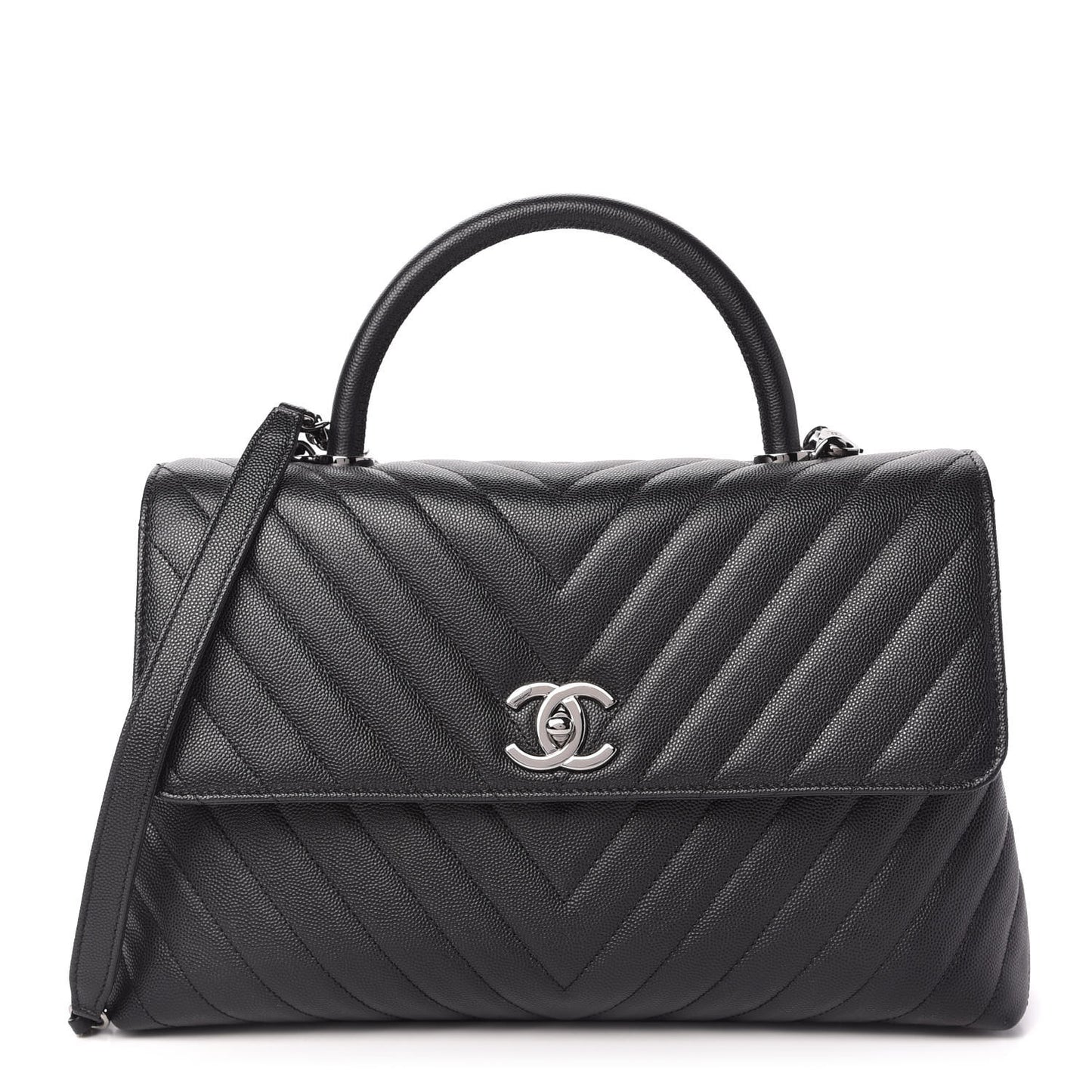 Caviar Chevron Quilted Medium Coco Handle Flap Black