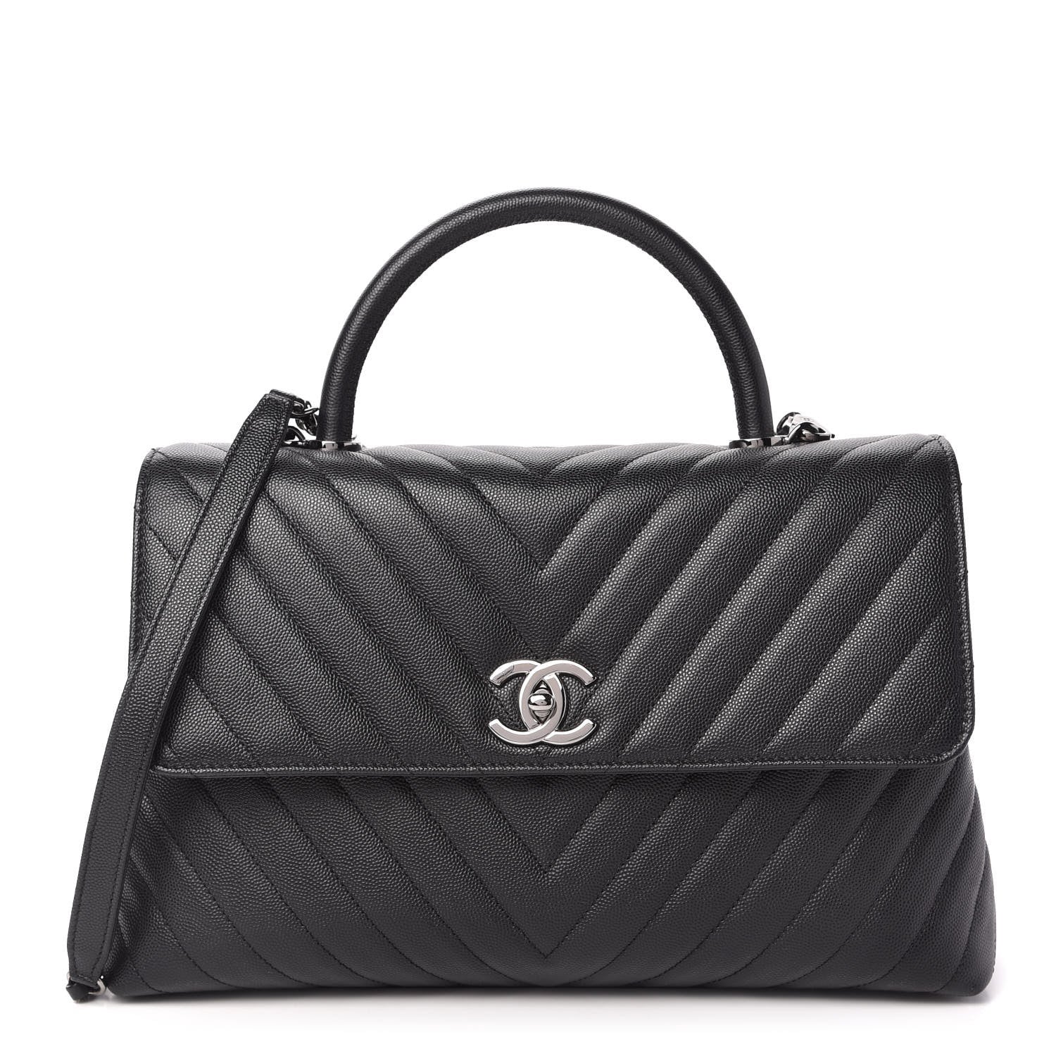 Chanel Caviar Chevron Quilted Medium Coco Handle Flap Black 1 of 10