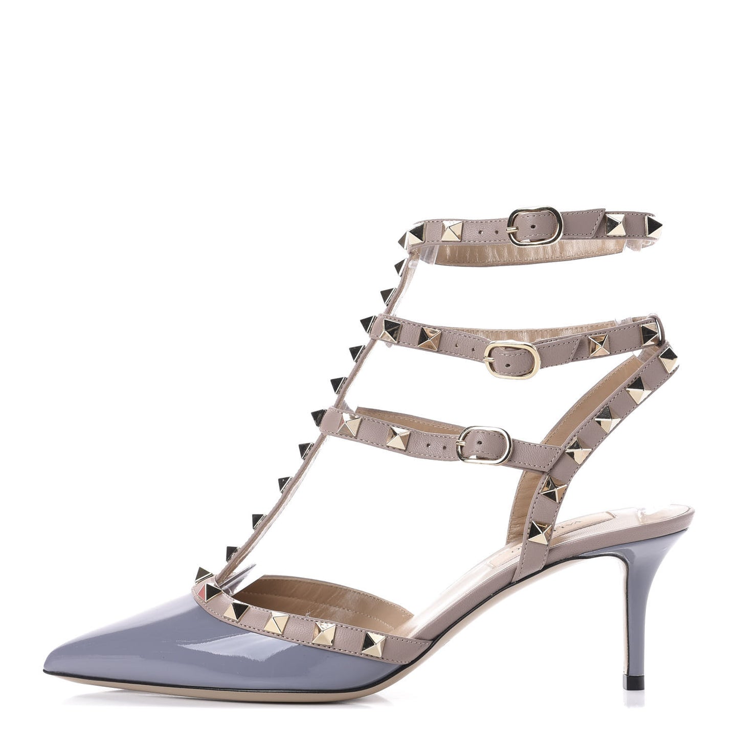 Patent Rockstud Ankle Strap Low Heel Pumps 37.5 Grey Poudre