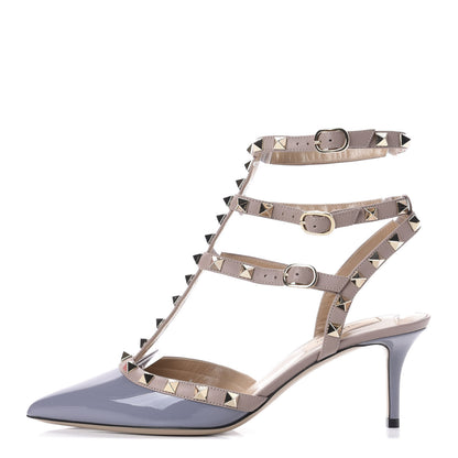 Valentino Garavani Patent Rockstud Ankle Strap Low Heel Pumps 37.5 Grey Poudre 1 of 10