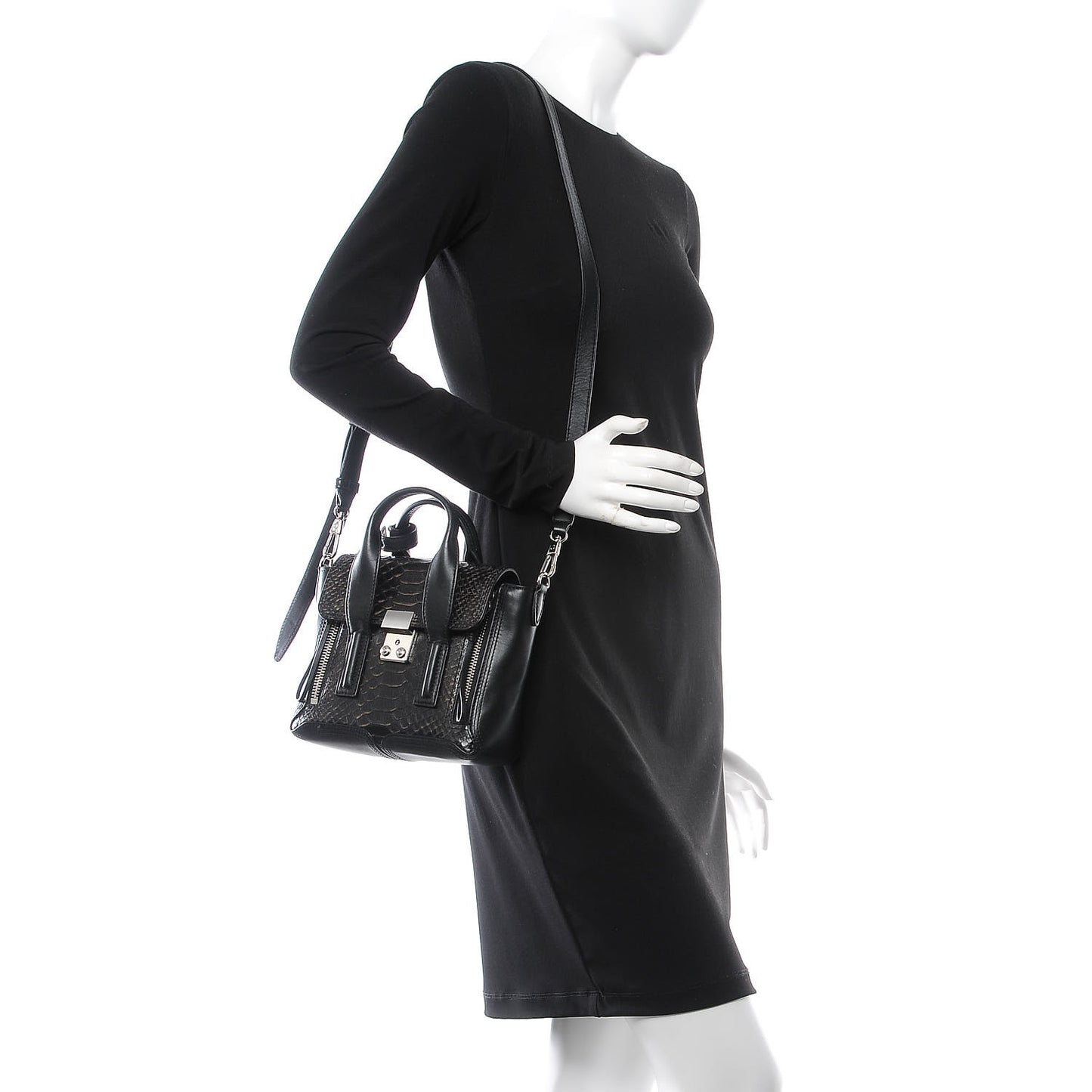3.1 Python Calfskin Embossed Mini Pashli Satchel Black Nude
