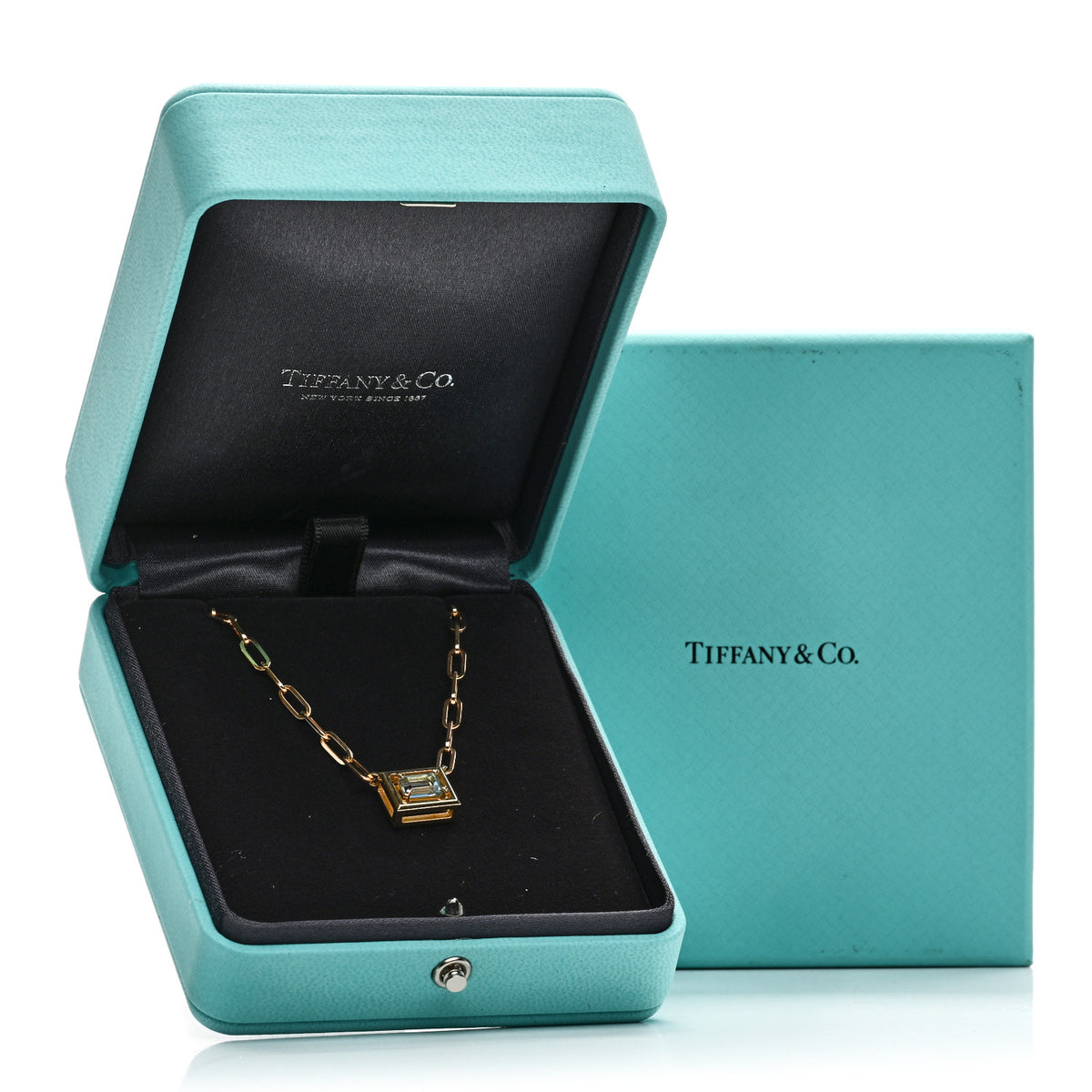 Tiffany 18K Yellow Gold Aquamarine Jewel Box Pendant Necklace 6 of 6